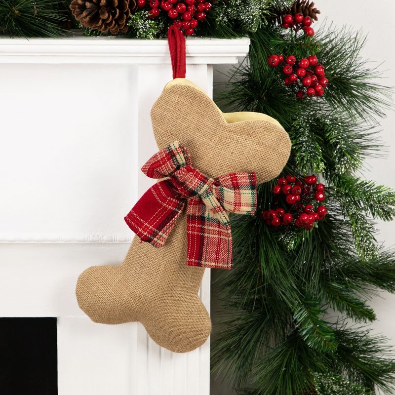 Northlight 14" Brown Burlap Dog Bone Christmas Stocking with Red Plaid Bow, 2 of 7