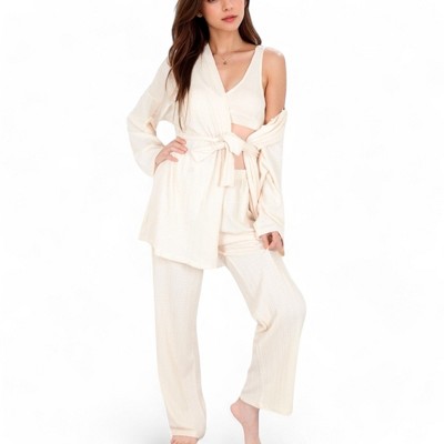 Anna-Kaci Lounge Women's 3-Piece Lounge Set with Tie-Front Cardigan and Ribbed Pants