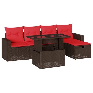 vidaXL Patio Sofa Set with Cushions and Table Outdoor Garden 6 Piece Poly Rattan - Brown without storage - 1 of 4