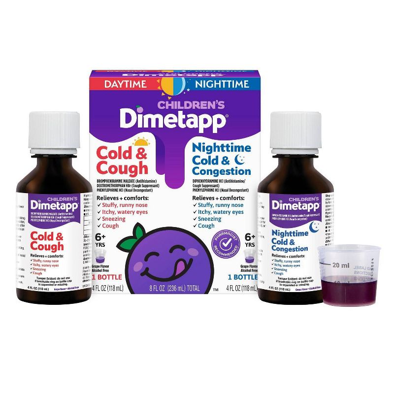 Children's Dimetapp Day/Night Cold, Cough & Congestion Relief Liquid - Dextromethorphan - Grape Flavor - 4 fl oz/2pk, 1 of 6