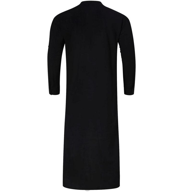 Men's Long Sleeve Kaftan Thobe Casual Lace up Robe Side Split Long Gown Linen Shirt with Pockets Black L, 3 of 7