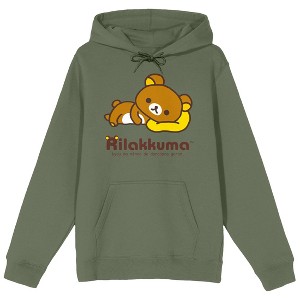 Rilakkuma Brown Bear Lying On A Pillow Long Sleeve Olive Adult Hooded Sweatshirt - 1 of 2