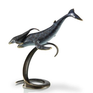 SPI Home Brass Whale Pair on Wave Sculpture – Ocean-Inspired Tabletop Accent, 12” Tall - 1 of 3