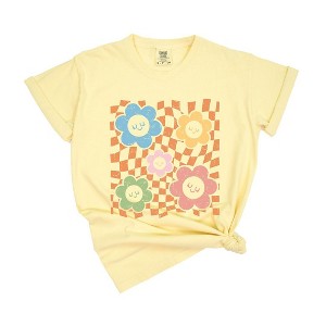 Simply Sage Market Women's Checkered Flowers and Smiley Short Sleeve Garment Dyed Tee - 1 of 4