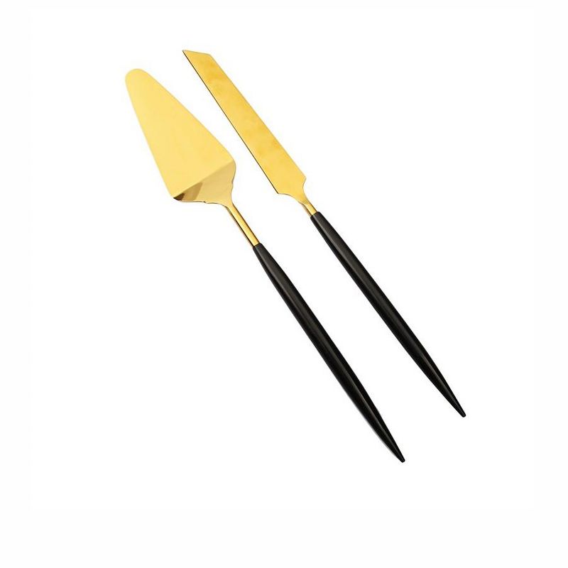 Classic Touch Set of 2 Shiny Gold Cake Servers with Neat Black Handles, 1 of 5