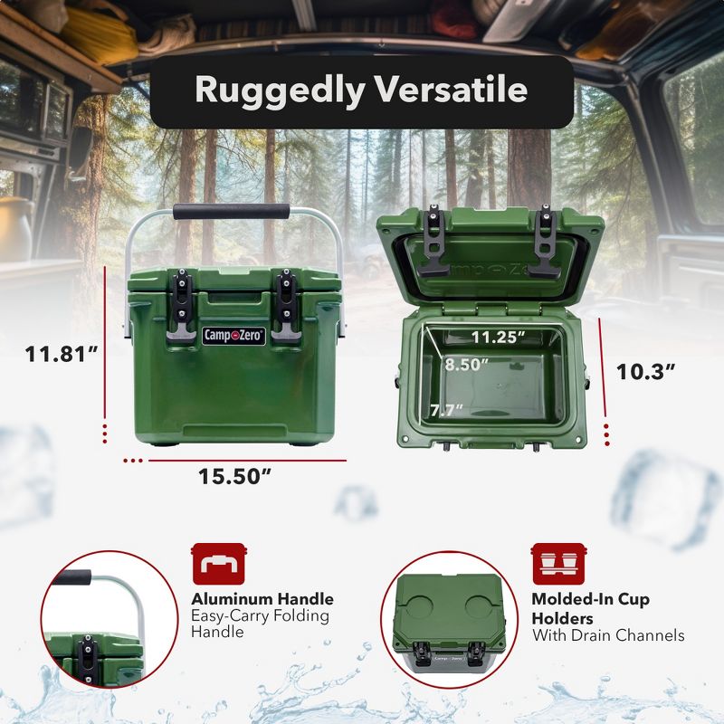 CAMP-ZERO 10 Liter 10.6 Quart Lidded Cooler with 2 Molded In Cup Holders, Folding Aluminum Handle Grip, and Locking System, Dark Green, 3 of 7