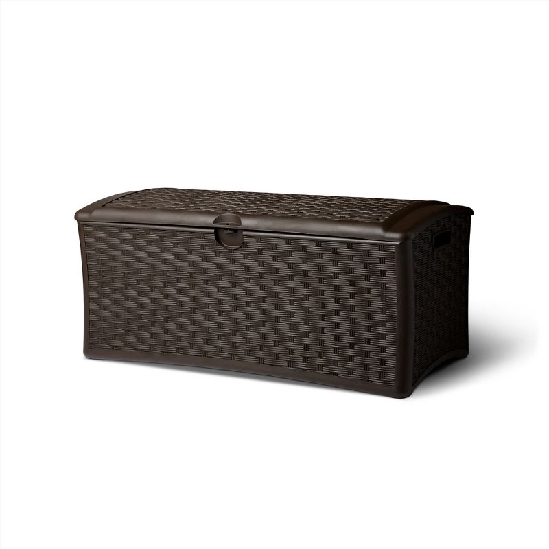 Suncast 72 Gallon Resin Wicker Outdoor Patio Storage Deck Box, Brown (2 Pack), 2 of 7