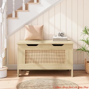 Living Room Storage Chest, Rattan Toy Chest, 30" Wooden Storage Bench with Safety Hinge, Blanket Chest, Entryway Bench, Supports 350 lb, Storage Trunk - 1 of 4