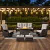 POCASSY 5-Piece Patio Furniture Set with Fire Pit Table, Brown Wicker Outdoor Fire Pit Set With Patio Sectional Sofa, Swivel Chair, Rattan Footrest - 2 of 4