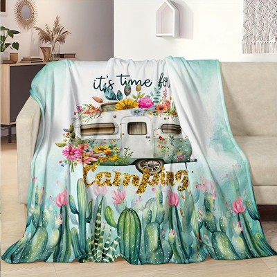 Cozy Cactus and Floral Letter Print Flannel Throw Blanket, Perfect for Bed, Sofa, Office, and Travel, Christmas Gift.