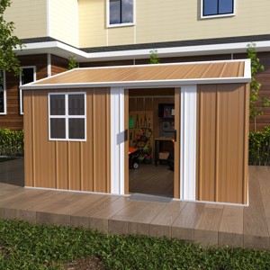 Brown Heavy-Duty Metal Outdoor Storage Shed with Windows, Lockable, All-Weather Waterproof Garden Tool Shed for Backyard or Lawn – Cuddlewood - 1 of 4