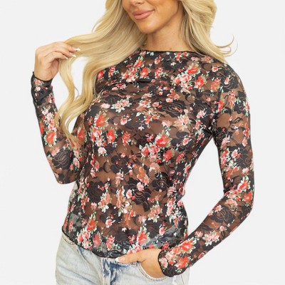 Amaryllis Women's Floral Lace Sheer Long Sleeve Top Stretchy Mesh Statement Blouse