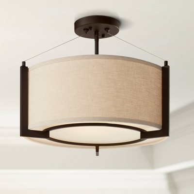 Bronze Semi Flush Mount Ceiling Light with Beige Linen Drum Shade
