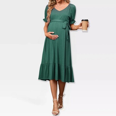 Womens Maternity Dress V Neck Short Sleeve Tie Waist Adjustable Belted Dress with Ruffled Hem,Green - S
