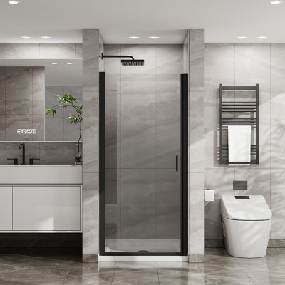 VYNXARIA 34"x 72" Pivot Shower Door Combo w/ 35.4" White Acrylic Shower Base, Black Aluminum Finish, Semi-Frameless Tempered Clear Glass Design