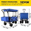 YONWAY Large Collapsible Garden Cart with Removable Canopy, 300LB Capacity Folding Wagon with 360° Wheels & Storage,for Camping Shopping Beach,Blue - 3 of 4