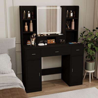 Makeup Vanity, 41" Dressing Table With Mirror And Bench, 5 Drawers, 6 Shelves, Adjustable 3 Color Light Dressing Table for Bedroom