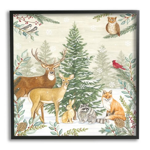 Stupell Woodland Animals in Winter Framed Giclee Art Design by Deb Strain - 24 x 24 - Black