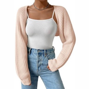 Coolmee Women's Open Front Ribbed Knit Crop Bolero Drop Shoulder Long Sleeve Loose Fit Knitted Crop Cardigan Shrug Pink S - 1 of 4