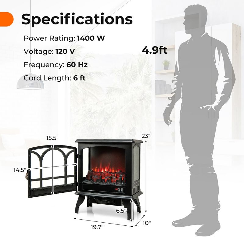Costway 20” Freestanding Electric Fireplace 1400W Electric Stove Heater W/ 3-Level Flame Effect 3-Sided View & 6H Timer Overheat Protection, 3 of 11
