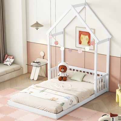 Okak Twin/Full Size Bed Frame with House-Style Roof & Headboard Guardrails,Modern Floor Bed for Toddlers/Kids Bedroom