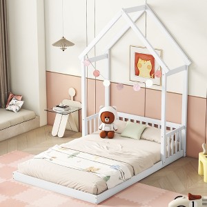 NicBex Kids Montessori Bed with House-shaped Headboard,Floor Bed with Semi-fence Design,Twin/Fill Size Toddler bed for Bedroom,Gray/White/Brown - 1 of 4