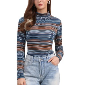 Allegra K Women's Turtleneck Long Sleeve Stretch Slim Plaid Casual Blouse - 1 of 4