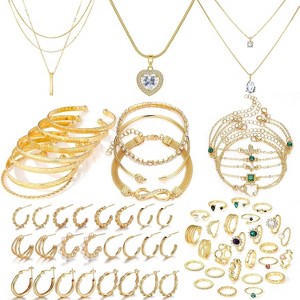 Gold Plated Jewelry Set for Women, 14K Layered Necklace Stackable Bracelets Rings & Earrings - 1 of 4