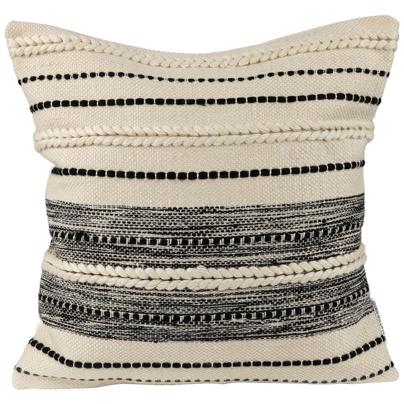 Northlight 20" Cream and Black Twisted Textured Block Handloom Woven Outdoor Square Throw Pillow, 1 of 6