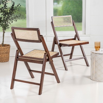 Theo Dark Brown Wood and Rattan Folding Chairs, Set of 2
