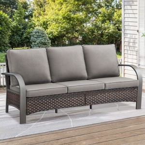 Buenhomino High Back Outdoor Wicker Patio Sofa, All Weather Wicker Furniture 3-Seater Sofa Patio Couch for Porch - 1 of 4