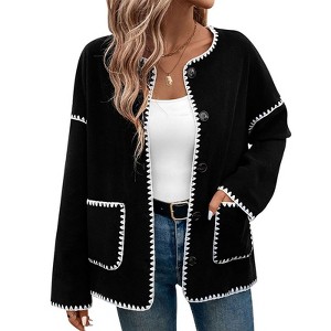 Clearlove Women Open Front Cardigan Casual Long Sleeve White Trim Jacket with Pocket - 1 of 4