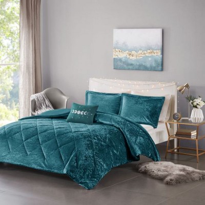 Sapphtopaz 4-Piece Full/Queen Velvet Duvet Cover Set, Diamond Quilted Queen Quilt Bedding Set with 2 Shams & Pillow -Teal