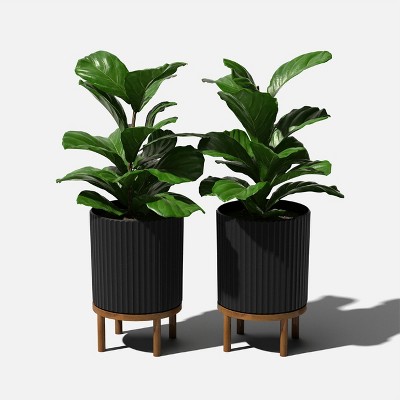 Demi Series 12" Black/Brown Planters with Acacia Wood Stand, Set of 2