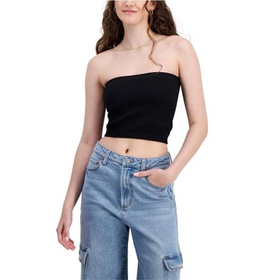 Hippie Rose Womens Seamless Cropped Tube Top, Black, Medium