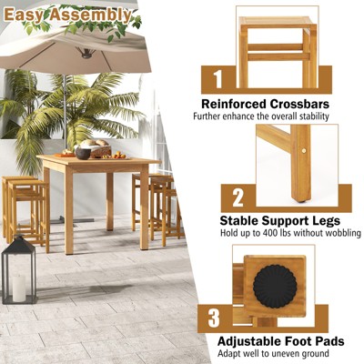Teak Acacia Wood Outdoor Bar Stools with Ergonomic Seat, Set of 2