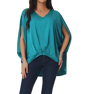 Seta T Women's Satin V Neck Batwing Short Sleeve Summer Loose High Low Hem Casual Blouse - 1 of 4