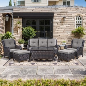Gymojoy 7 Piece Outdoor Wicker Sofa with Patio Chairs with Coffee Table and Ottoman Sets - 1 of 4