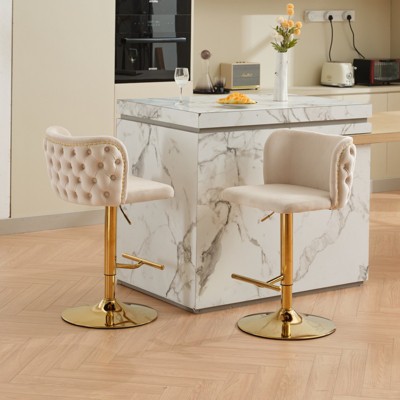 DOMETOUR 2 Pcs Swivel Barstools Adjusatble Seat Height with Gold-plating Base Velvet Upholstered Bar Stools for Home Pub and Kitchen Island