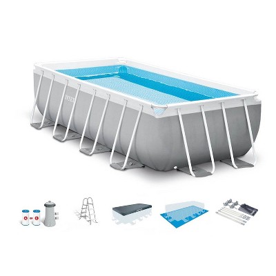 Intex 16 Foot x 42 Inch Frame Rectangular Above Ground Swimming Pool Set with Filter Pump, Ladder, Ground Cloth, Protective Canopy, and Pool Cover