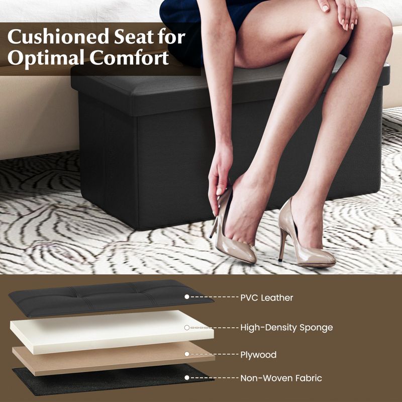 Costway Folding Storage Ottoman Upholstered Rectangle Footstool PVC Leather 22.5 Gallon Black/Brown/White, 5 of 11