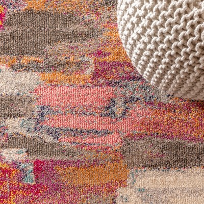 8' x 10' Ivory and Pink Abstract Brushstroke Synthetic Area Rug