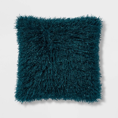 Euro Faux Mongolian Fur Decorative Throw Pillow Dark Teal Blue Threshold