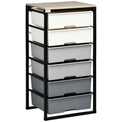 HOMCOM Dresser Storage Drawers with 6 Plastic Bins and Steel Frame,  Crafting Bins for Living Room, Bedroom, Grey