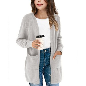 BLUEMING Girls Solid Color Knit Cardigan Long Sleeve Button Front Sweater with Pockets Adorable Loose Fit Kids Outerwear - 1 of 3