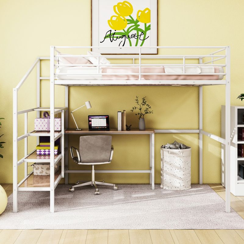 Full Size Metal Loft Bed with Desk and Lateral Storage Ladder - ModernLuxe, 2 of 11