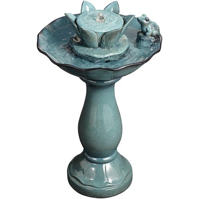 Verdigris Green Ceramic Lotus Flower Frog Outdoor Pedestal Fountain