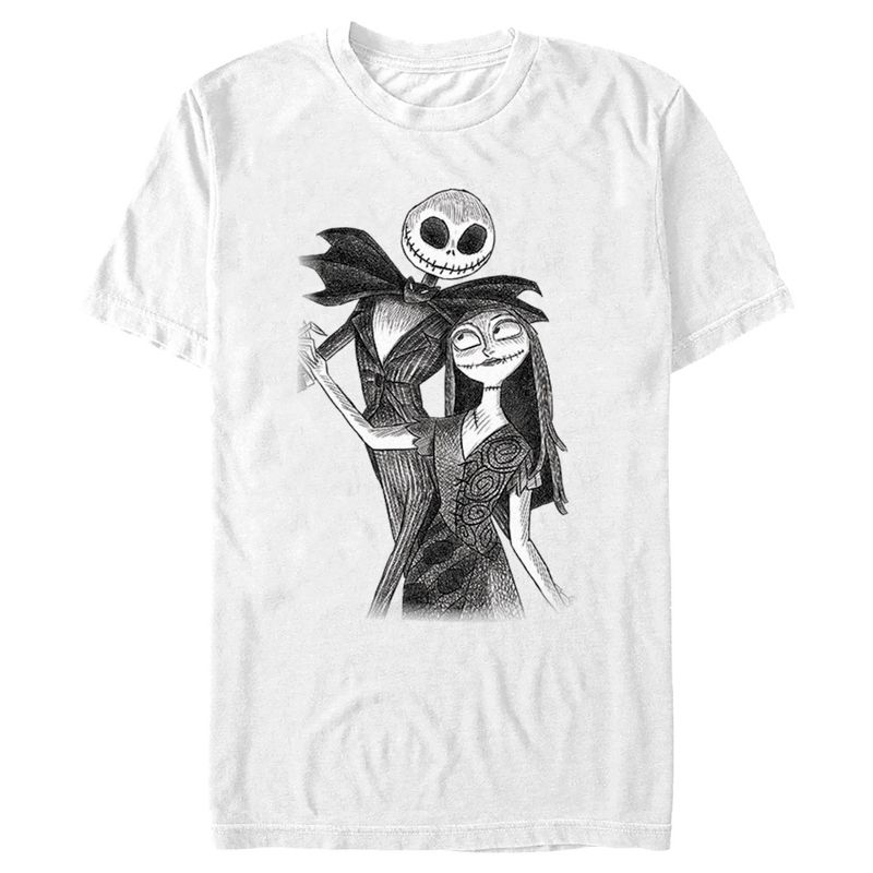 Men's The Nightmare Before Christmas Jack and Sally Black and White Dance Sketch T-Shirt, 1 of 6