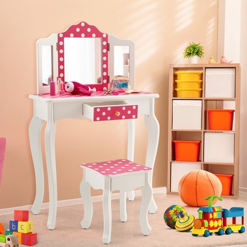 Costway Kid Vanity Set Wooden Makeup Table Stool Tri folding Mirror Polka Dot Print Pink Target