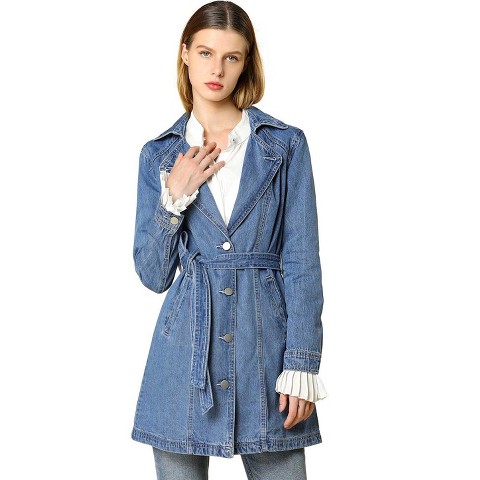 Allegra K Women's Notched Lapel Belted Trench Long Denim Jacket Light Blue X-Small